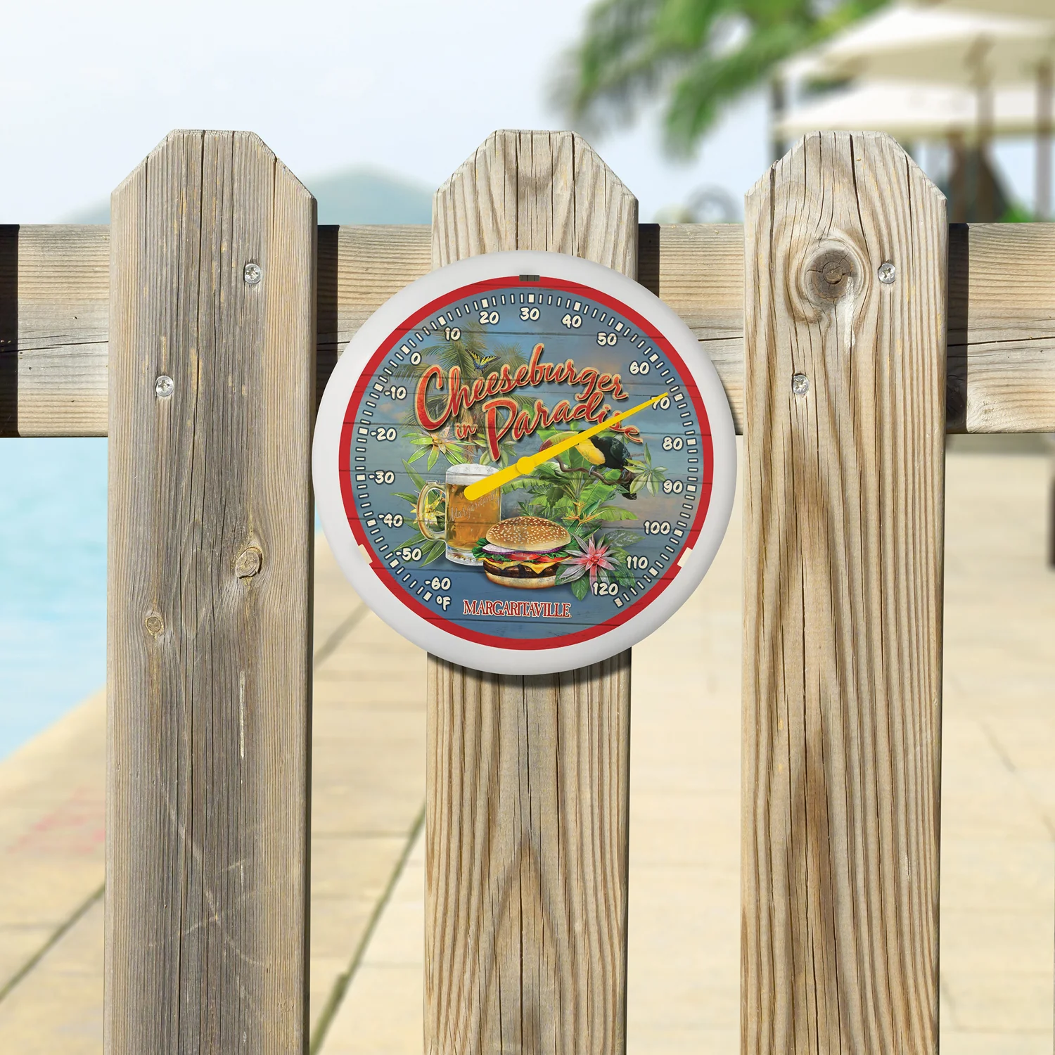 104-134MV1 13.25" Round Cheeseburger In Paradise Margaritaville Thermometer - Image 3