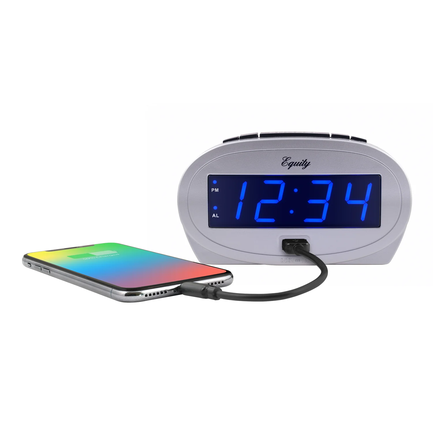 Silver USB Charging Alarm Clock with Blue LED Display - Image 3