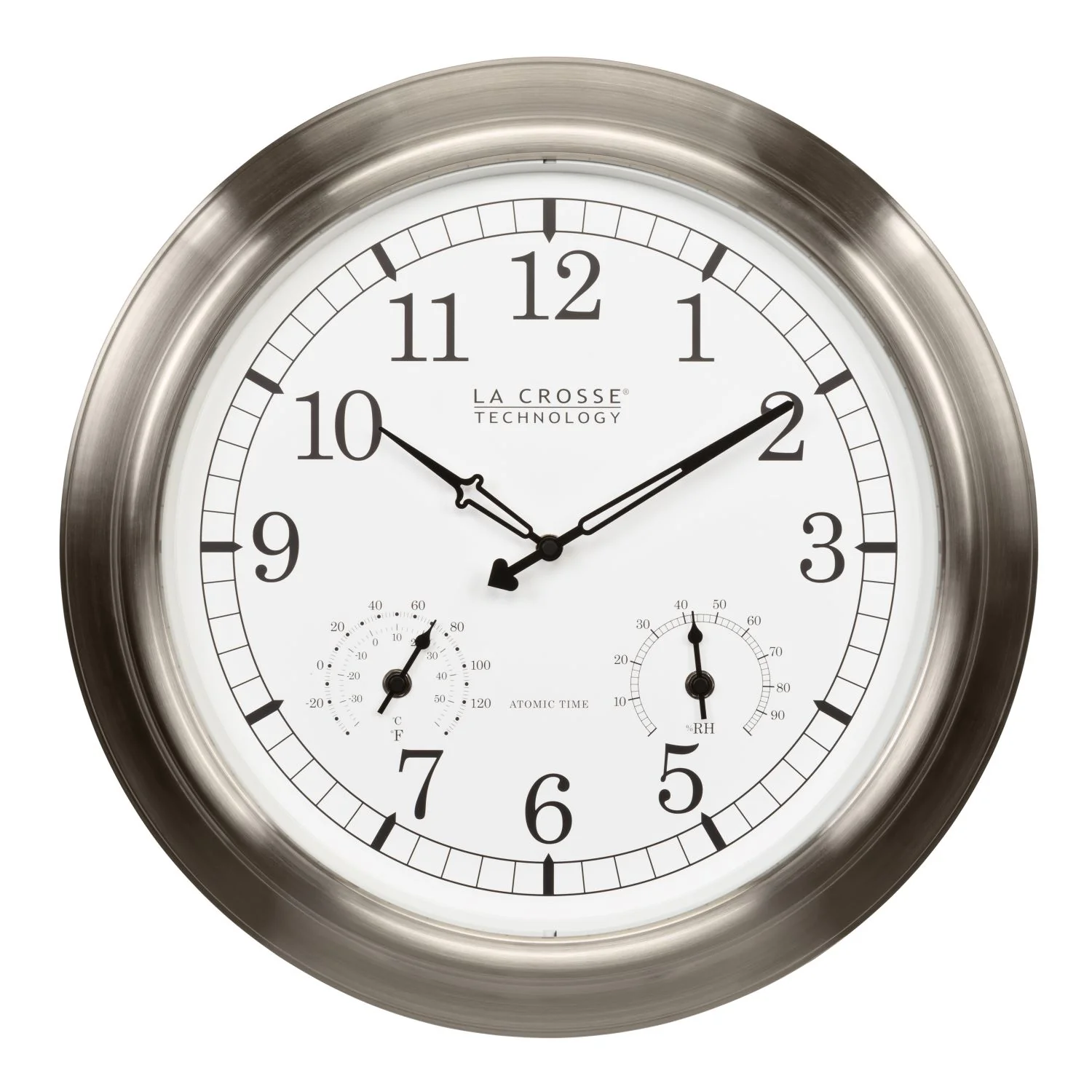 404-80017 17.9-inch Indoor/Outdoor Atomic Analog Wall Clock – Stainless Steel