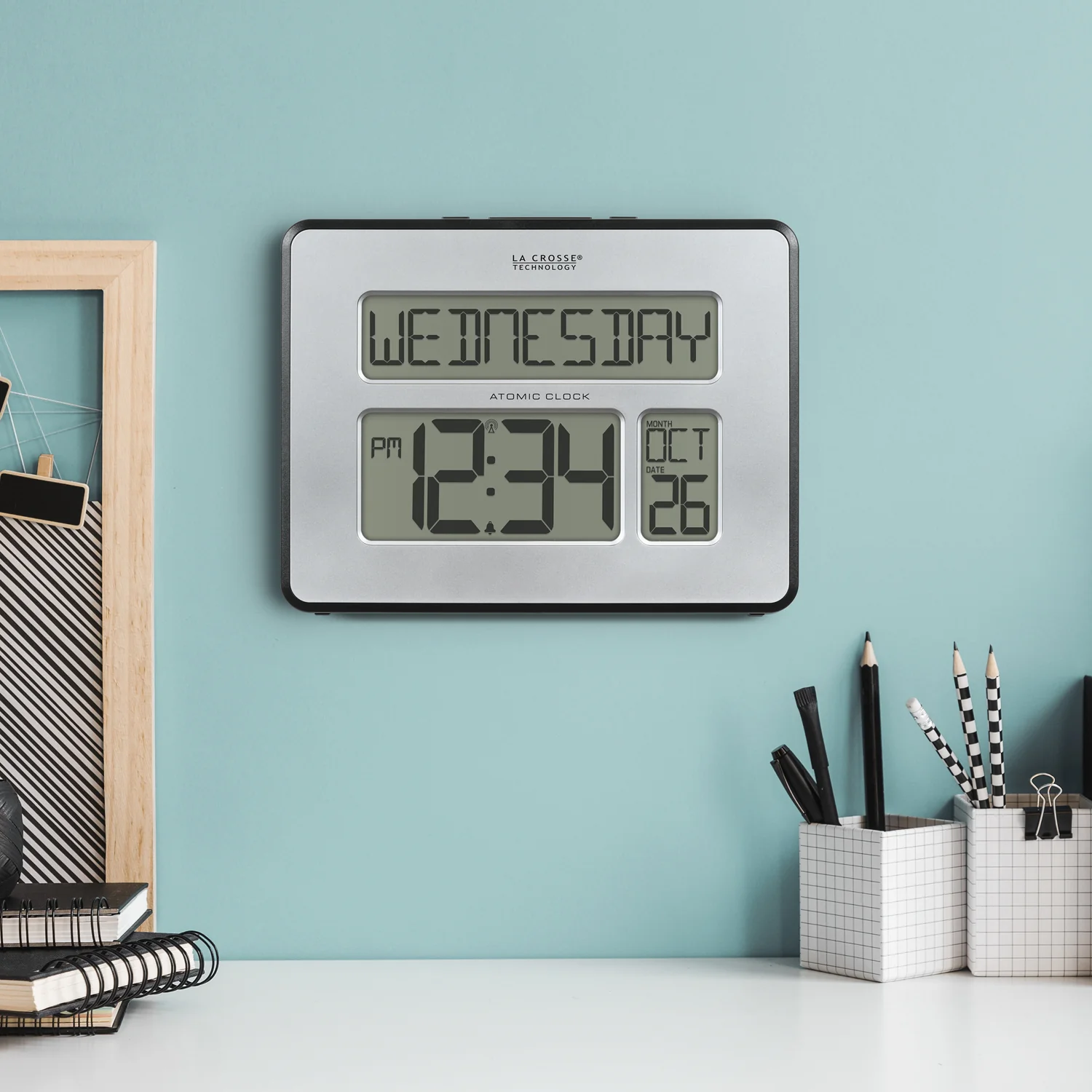 513-1419B Atomic Digital Wall Clock with Calendar and Indoor Temperature - Image 4