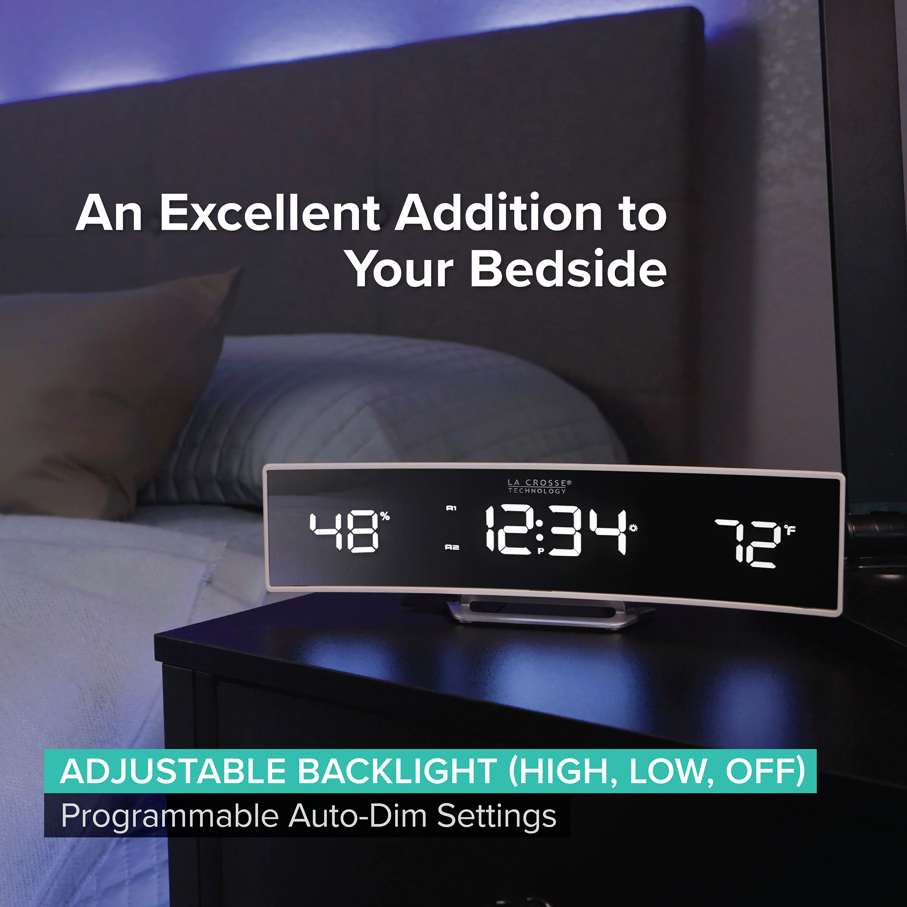 602-247V2 Curved Mirror LED Alarm Clock with Indoor Temp and Humidity - Image 2