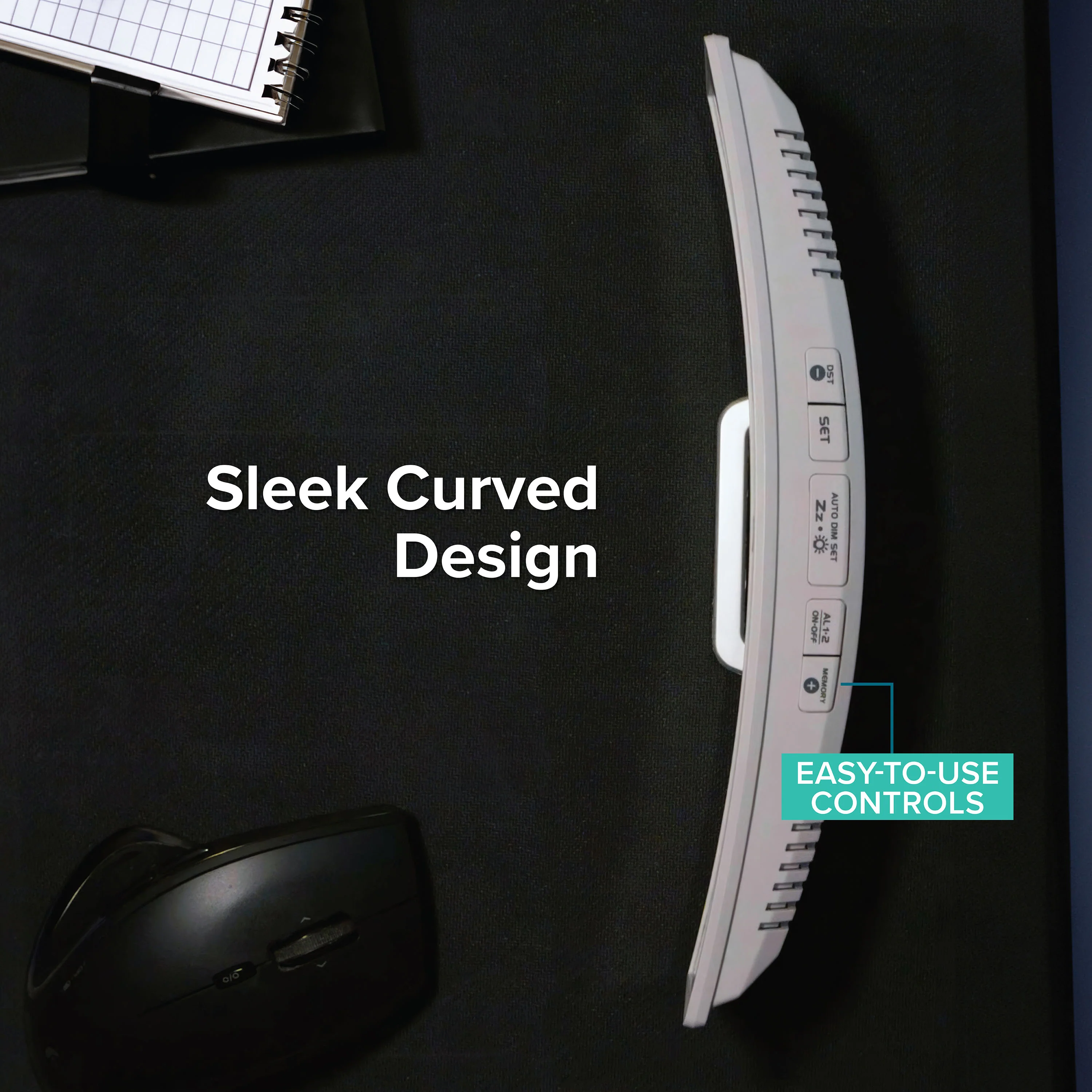 602-247V2 Curved Mirror LED Alarm Clock with Indoor Temp and Humidity - Image 4