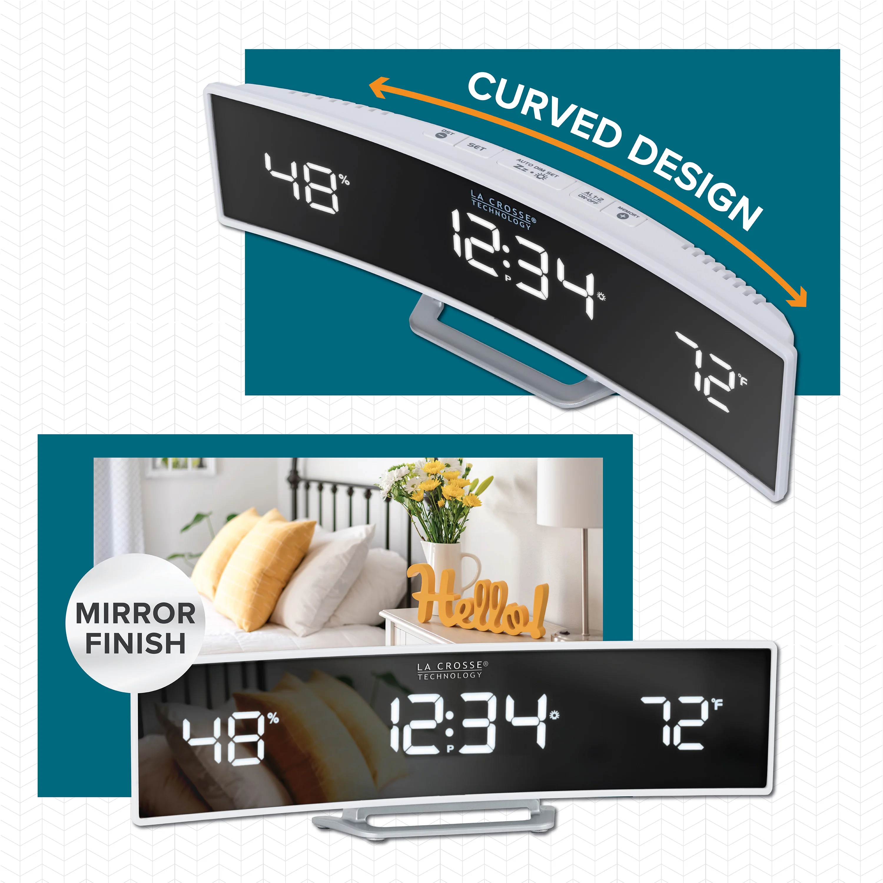602-247V2 Curved Mirror LED Alarm Clock with Indoor Temp and Humidity - Image 5