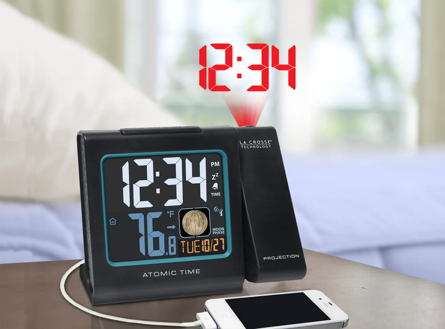 616-146AV2 Atomic Projection Alarm Clock with Indoor Temp and Moon Phase - Image 5