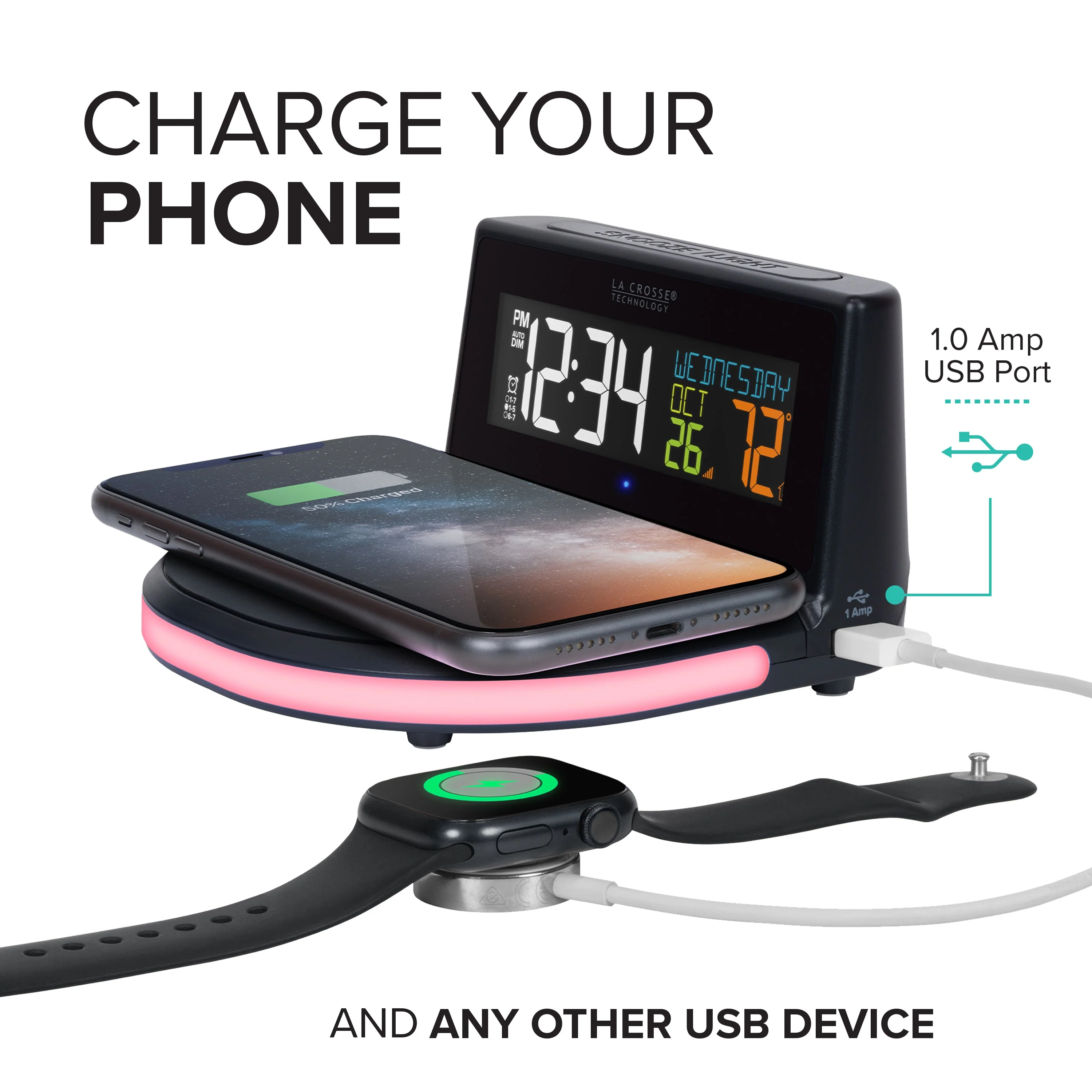 617-148TXT Wireless Charging Alarm Clock with Outdoor Temperature and Glow Light - Image 7