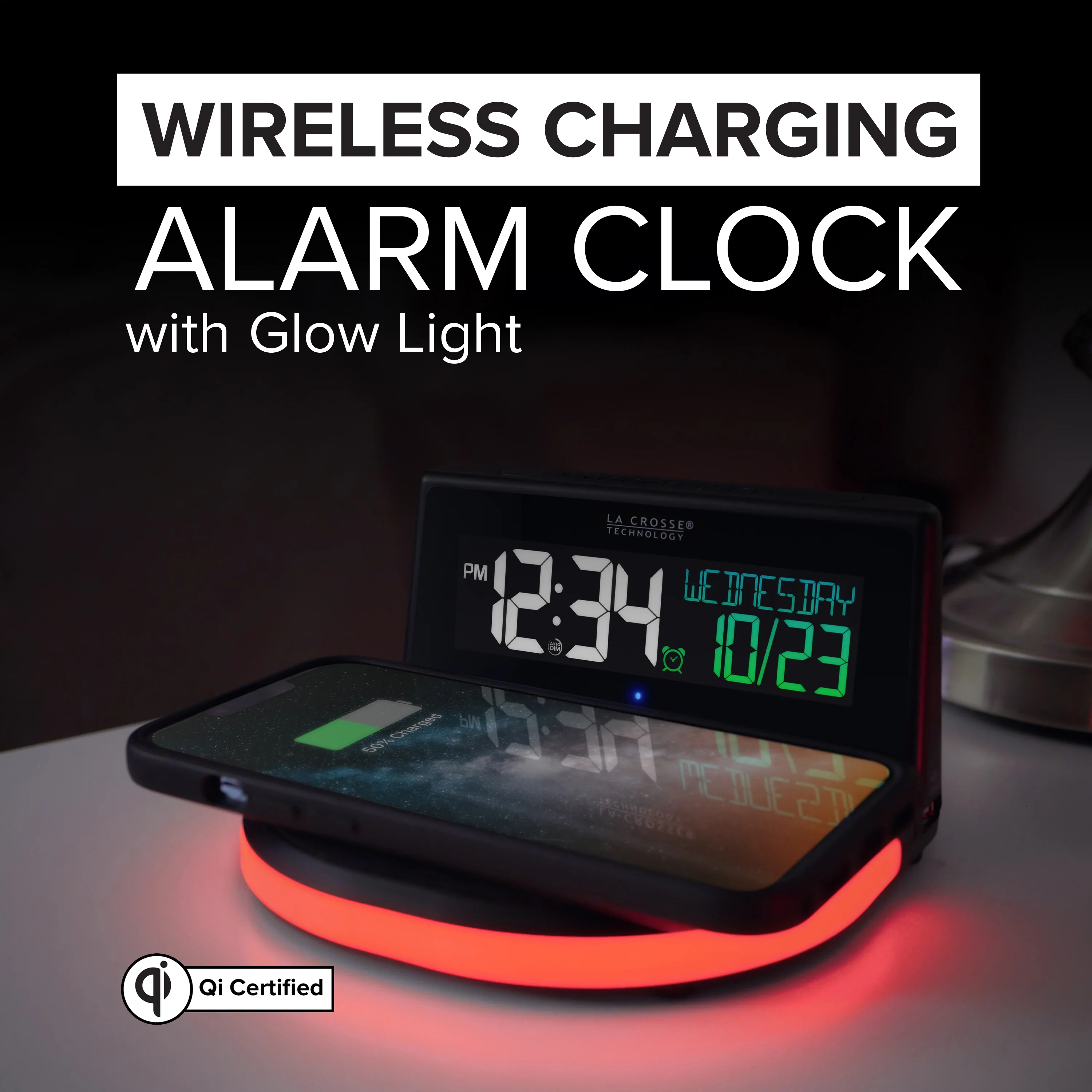 617-148V2 Qi-Certified Wireless Charging Alarm Clock with Glow Light - Image 2