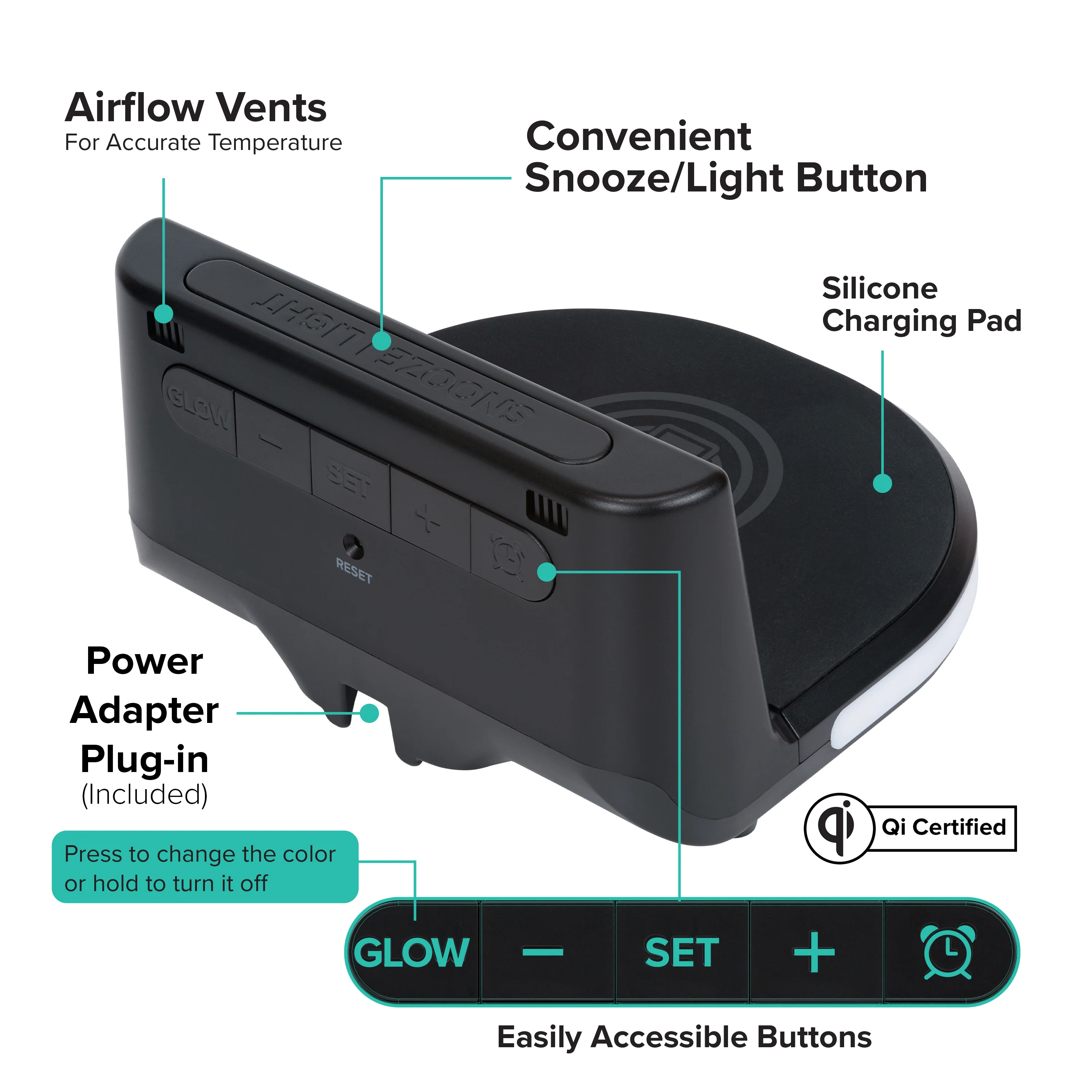 617-148V2 Qi-Certified Wireless Charging Alarm Clock with Glow Light - Image 4