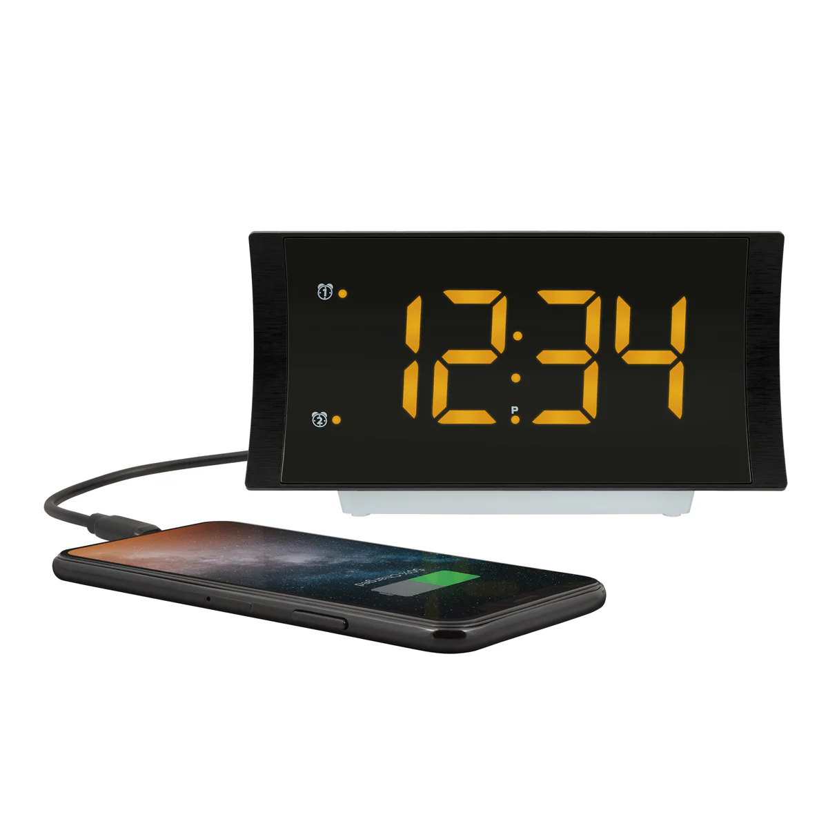 Curved Amber Alarm Clock with Radio and USB Charging - Image 3