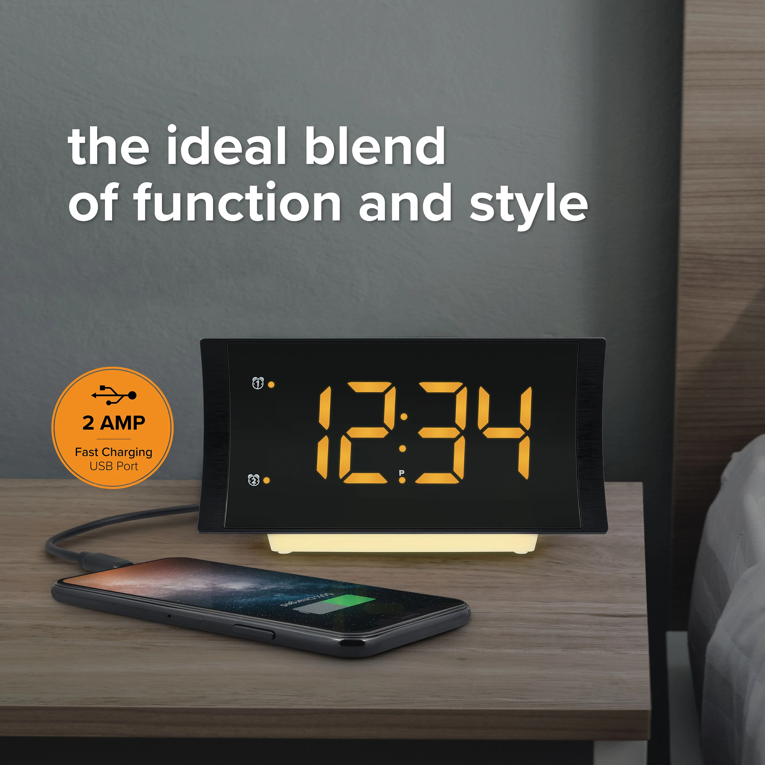 617-2410V3 Curved Amber Alarm Clock with Radio and USB Charging - Image 2