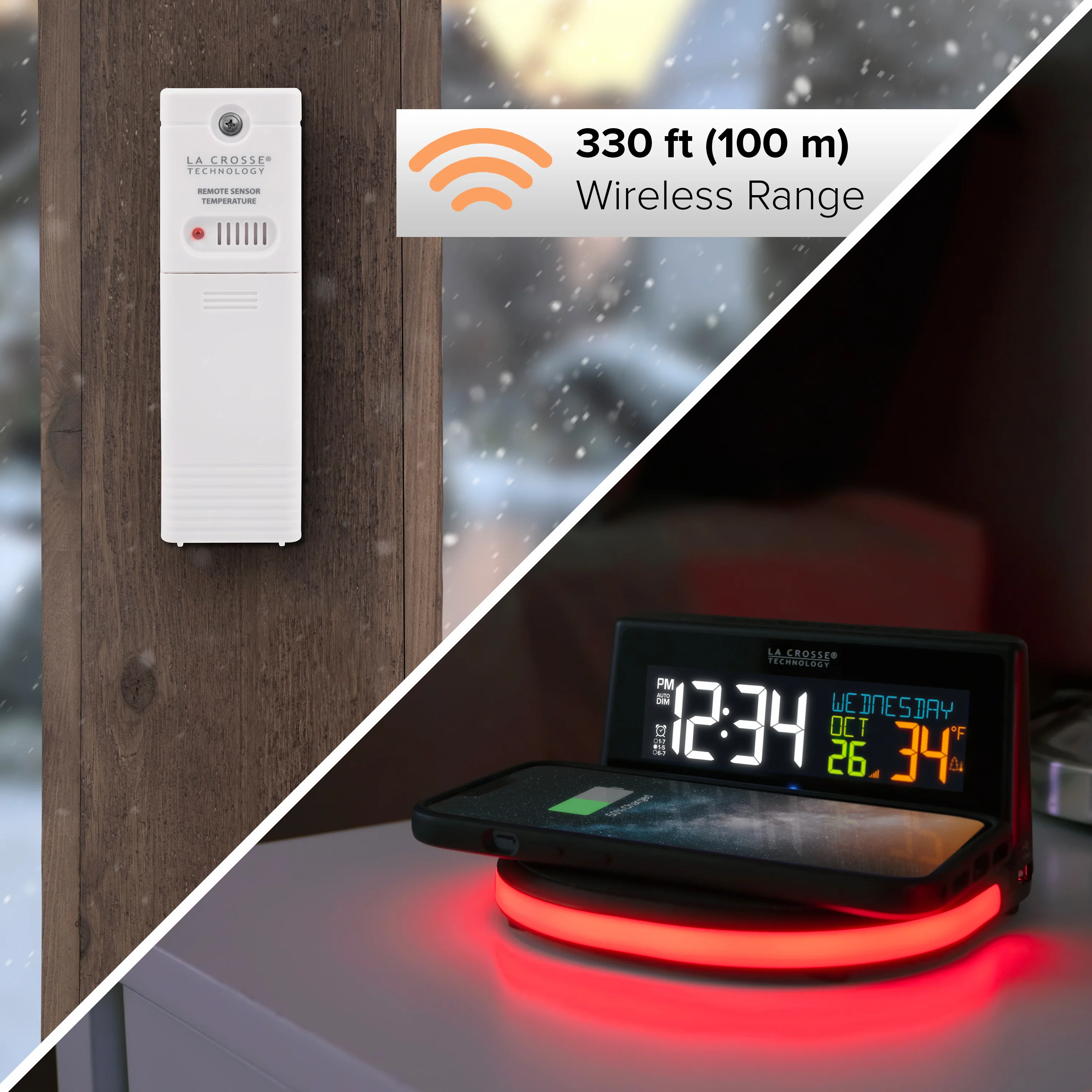 617-84947 Wireless Charging Alarm Clock with Outdoor Temperature and Glow Light - Image 3