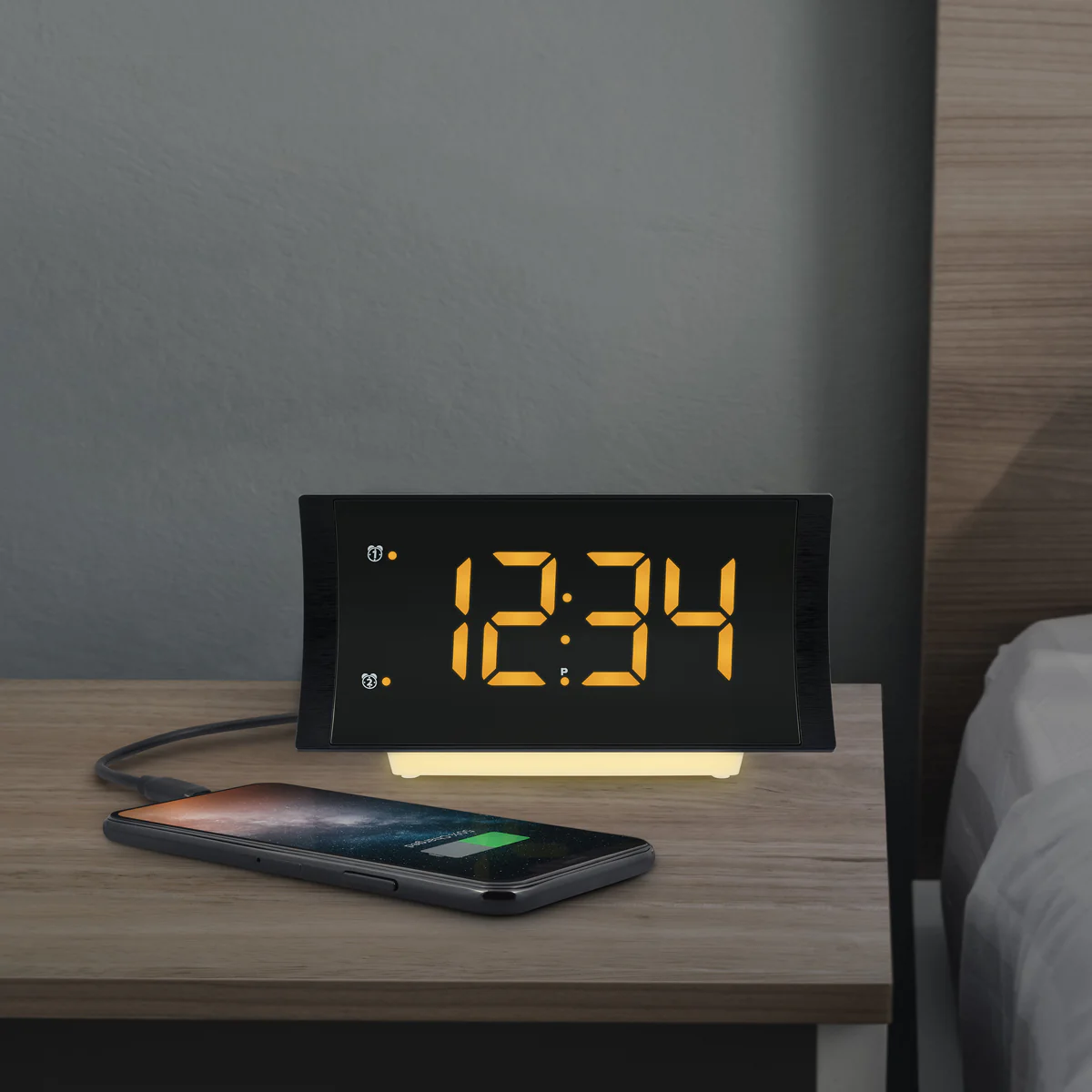 617-89577 Curved Amber Alarm Clock with Radio and USB Charging - Image 5