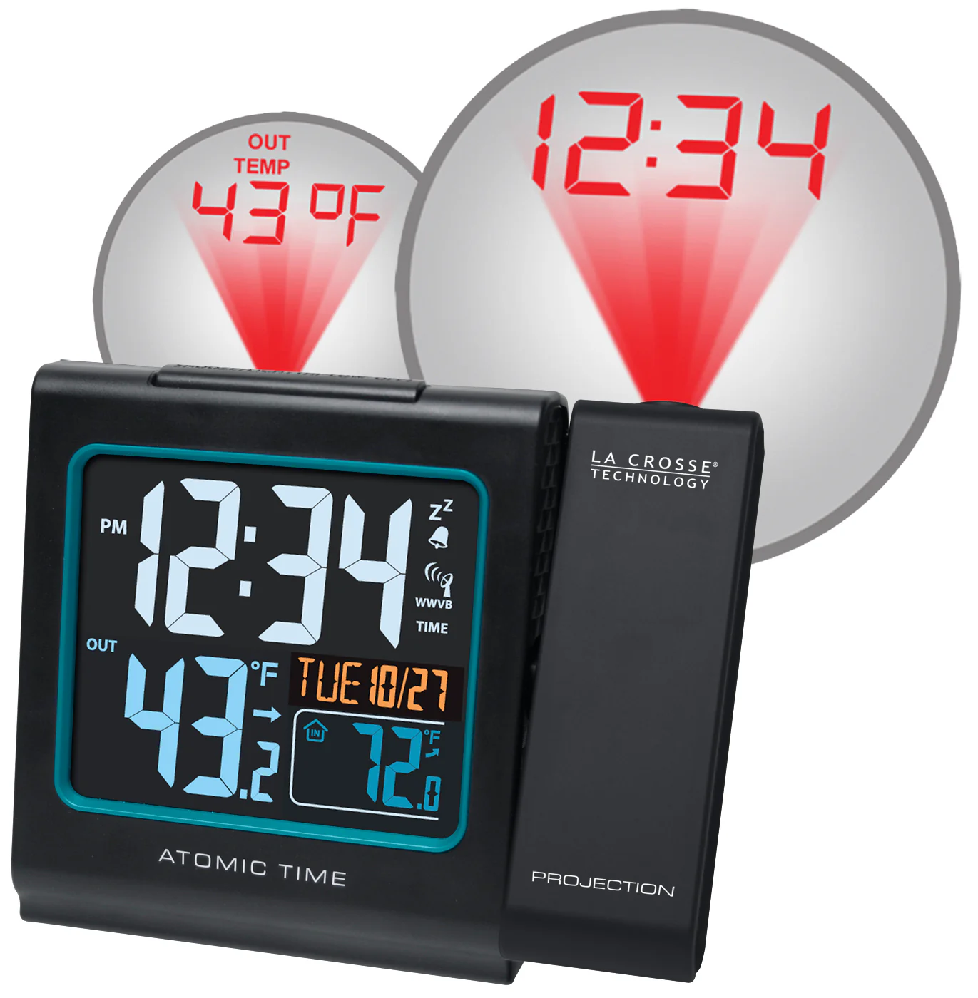 Atomic Projection Alarm Clock with IN/OUT Temperature and USB Charging