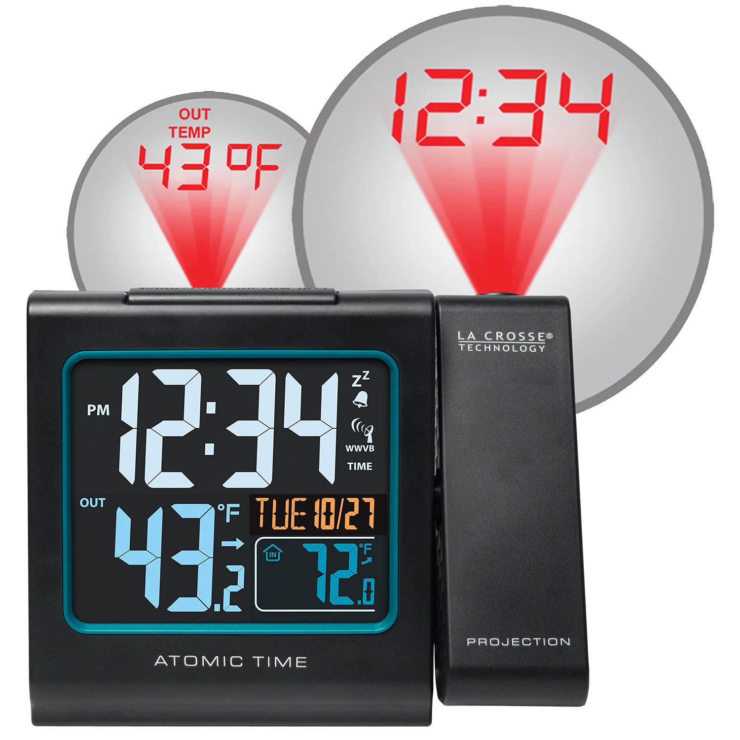 Atomic Projection Alarm Clock with IN/OUT Temperature and USB Charging - Image 3
