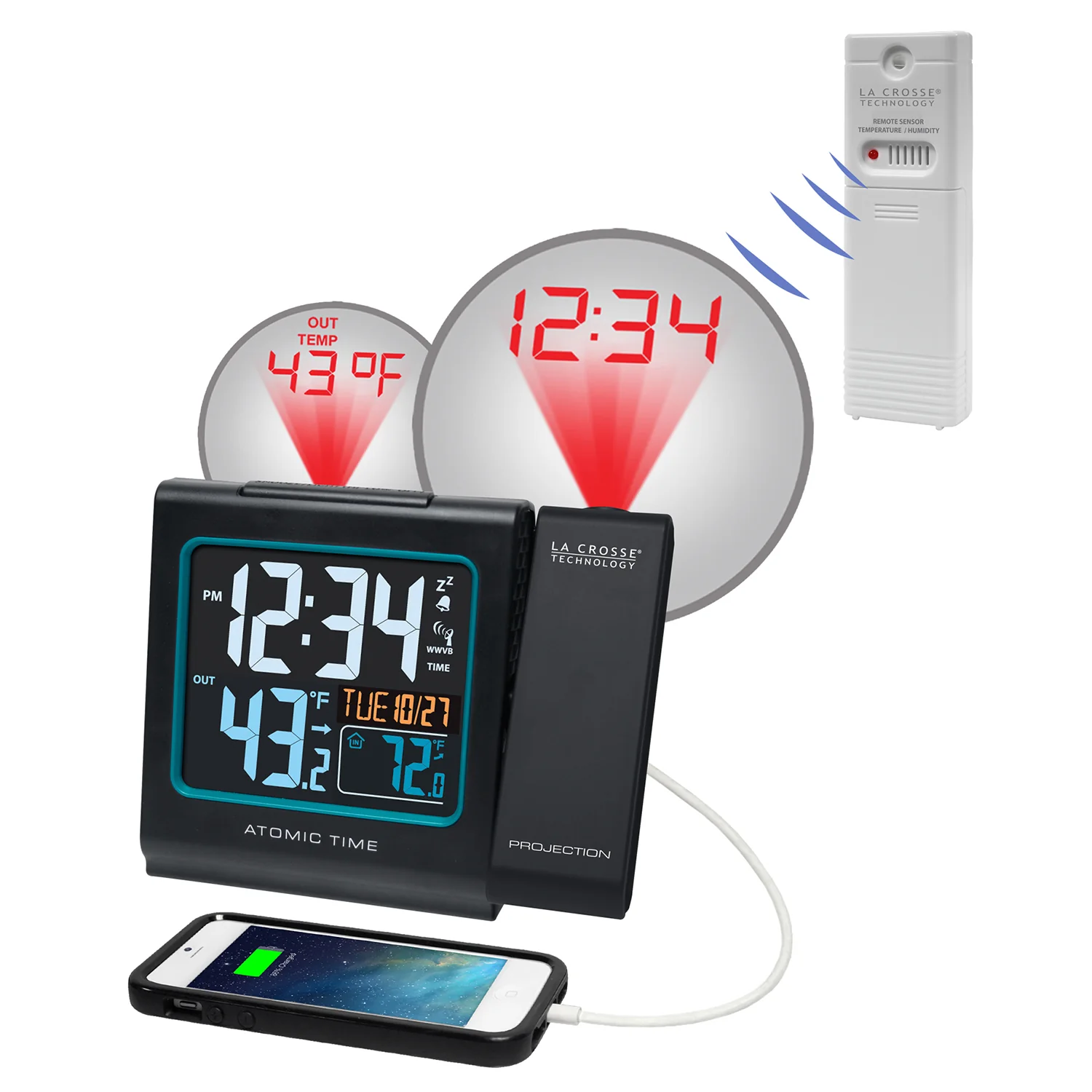 Atomic Projection Alarm Clock with IN/OUT Temperature and USB Charging - Image 4