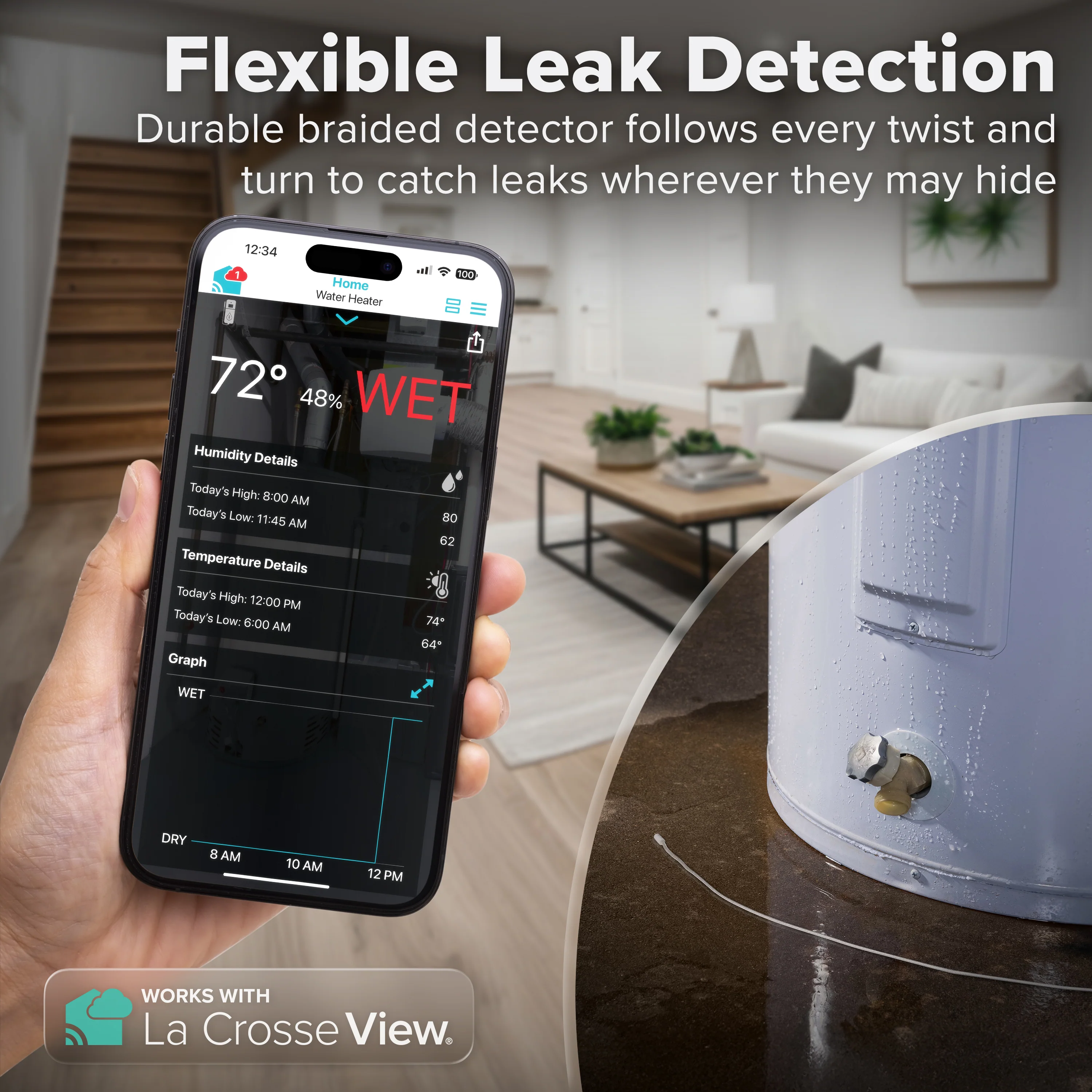 LTV-THP1-W1 Braided Water Leak Detector with Ambient Temp and Humidity - LTV-THP1-W1 - Image 4