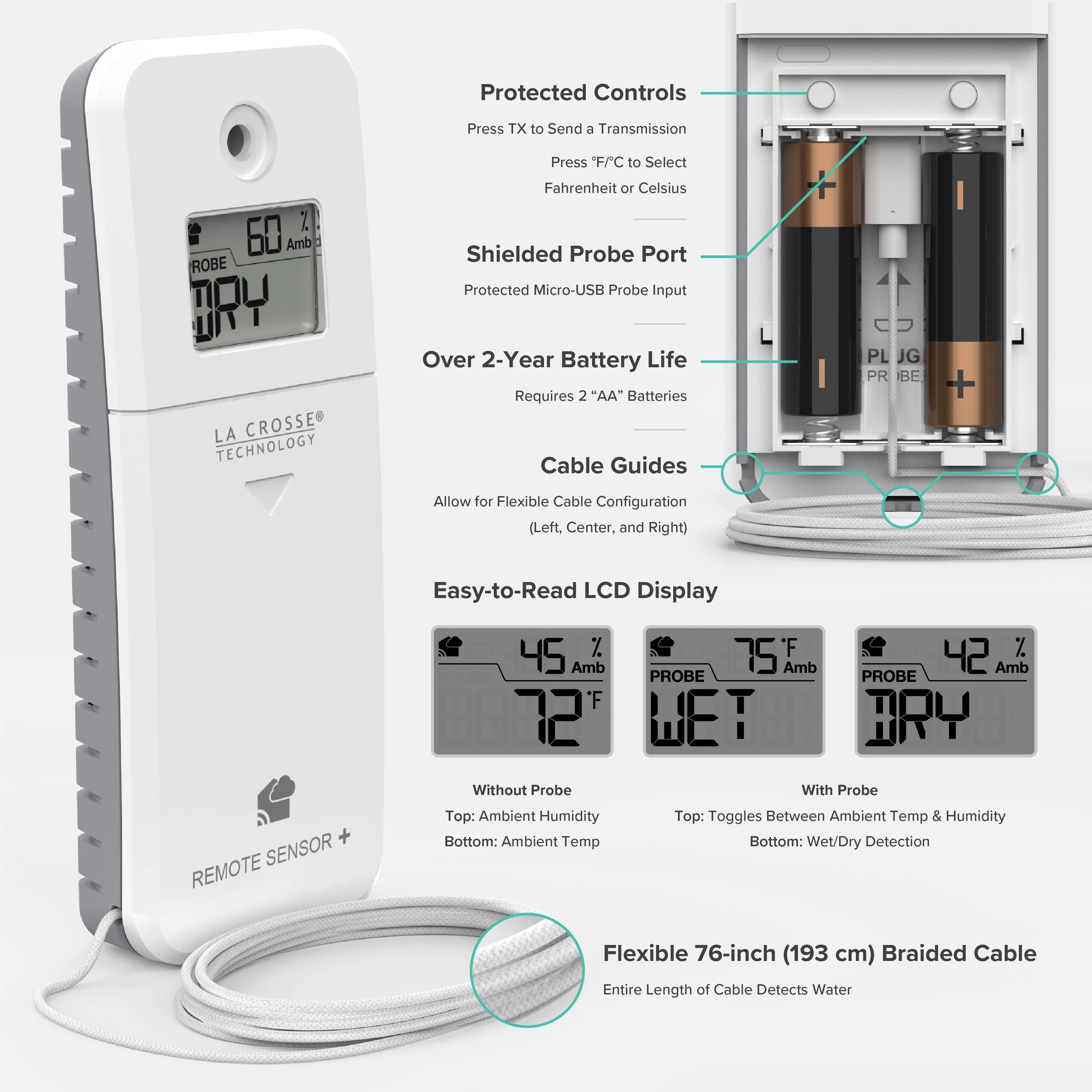 LTV-THP1-W1 Braided Water Leak Detector with Ambient Temp and Humidity - LTV-THP1-W1 - Image 5