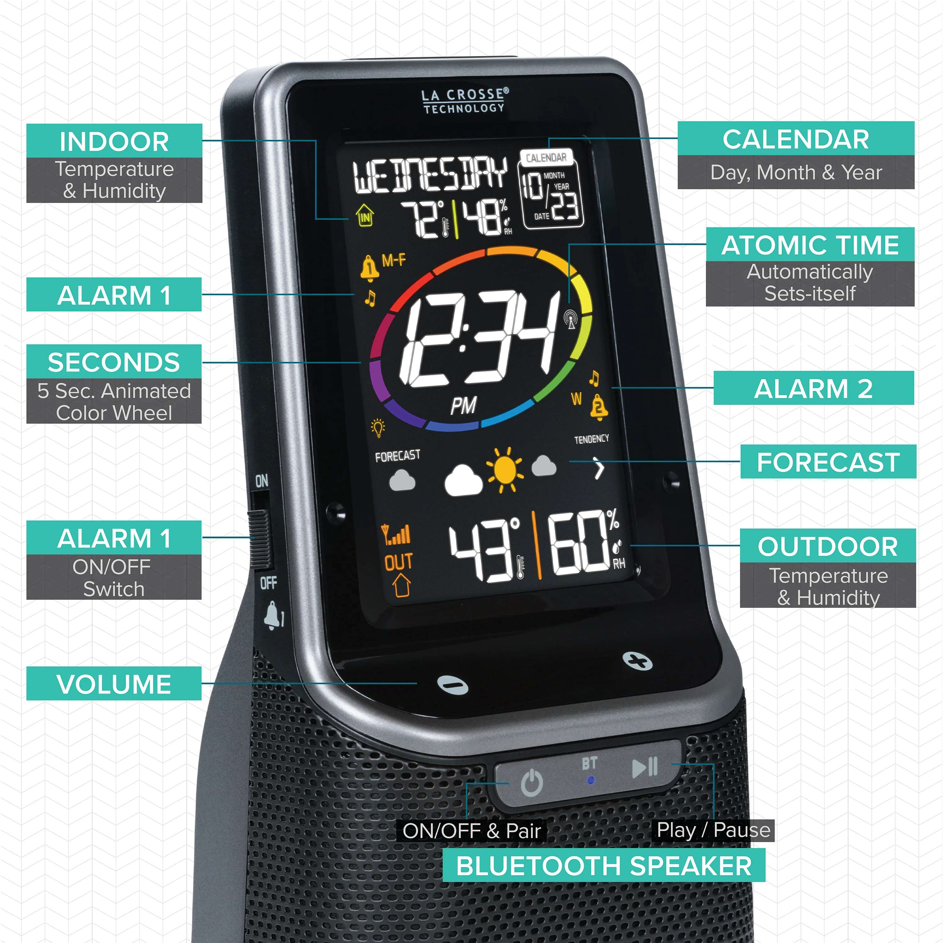 S86842 Atomic Alarm Clock with Bluetooth Speaker and Forecast - Image 4
