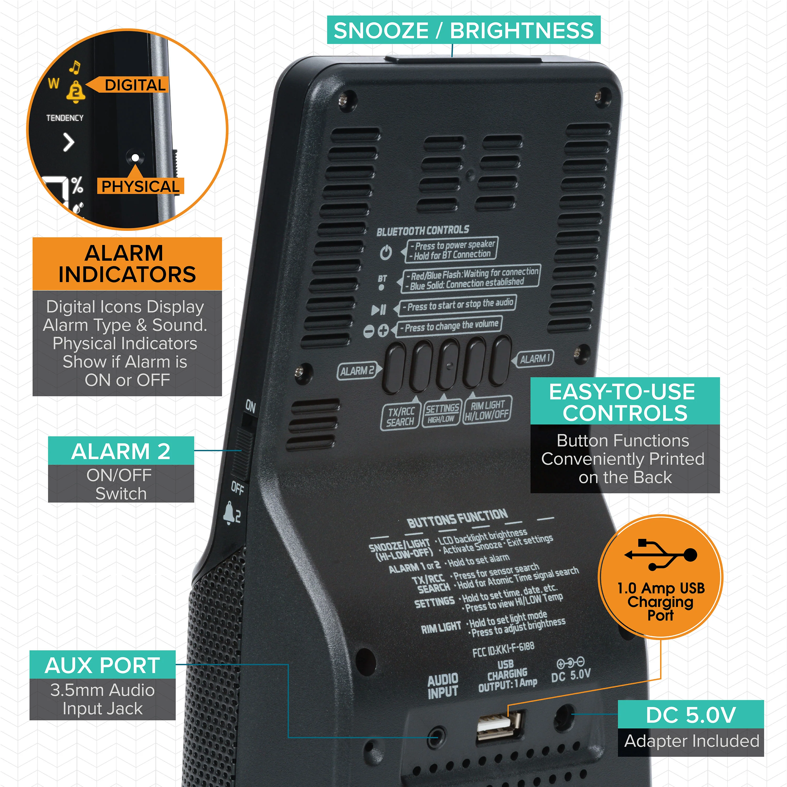 S86842 Atomic Alarm Clock with Bluetooth Speaker and Forecast - Image 5