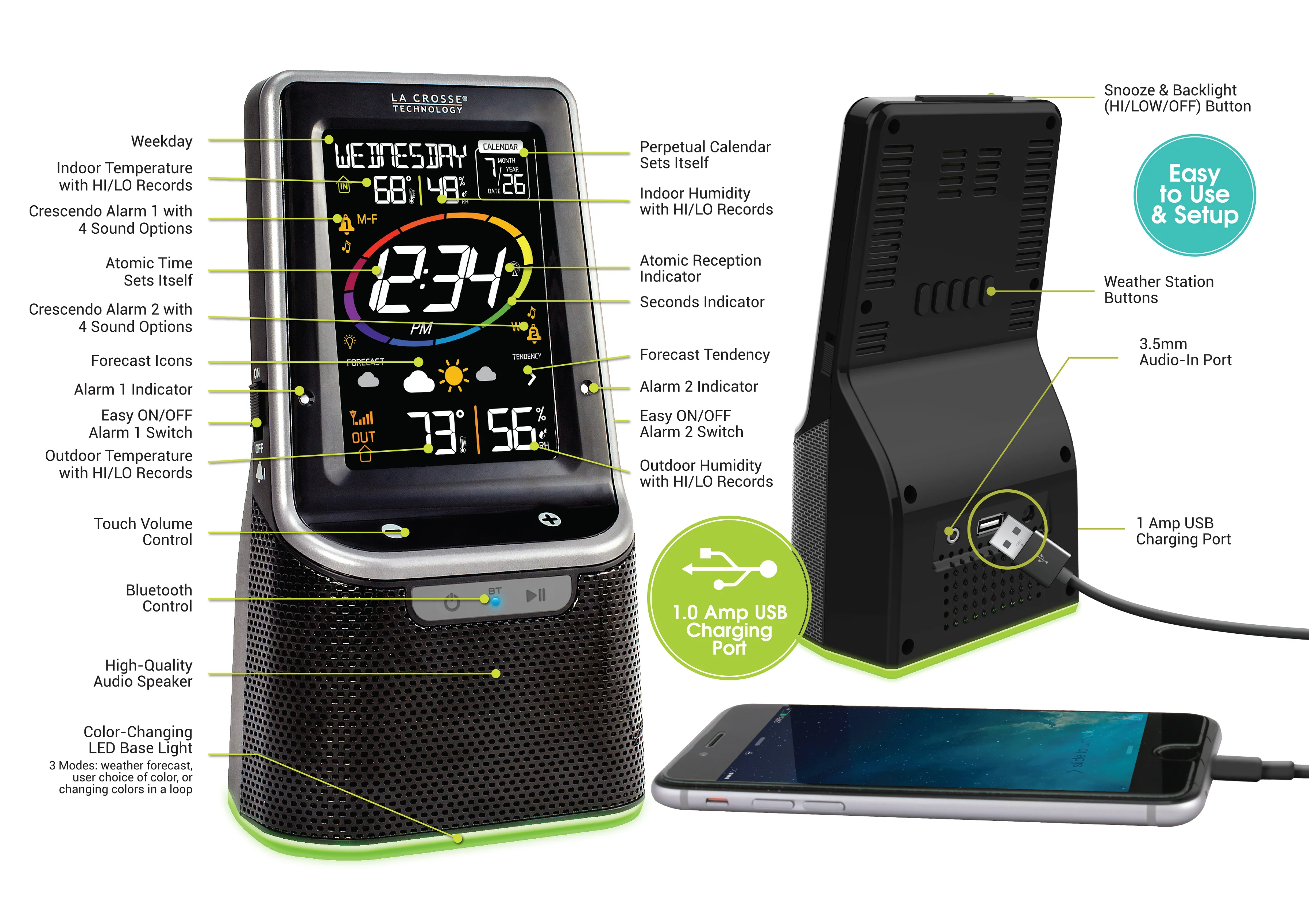 Wireless Weather Station with Bluetooth Speaker and Atomic Time and Date - Image 2