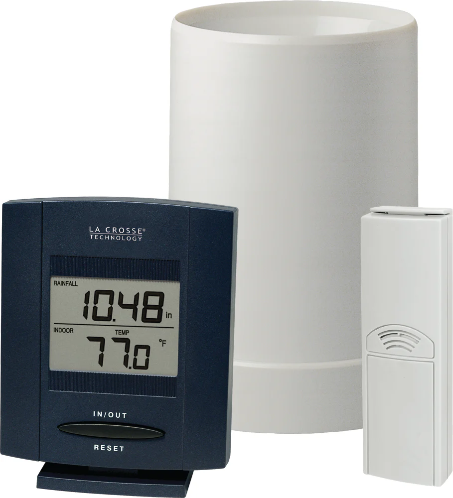 Wireless Rain and Temperature Center with Self-Emptying Rain Bucket