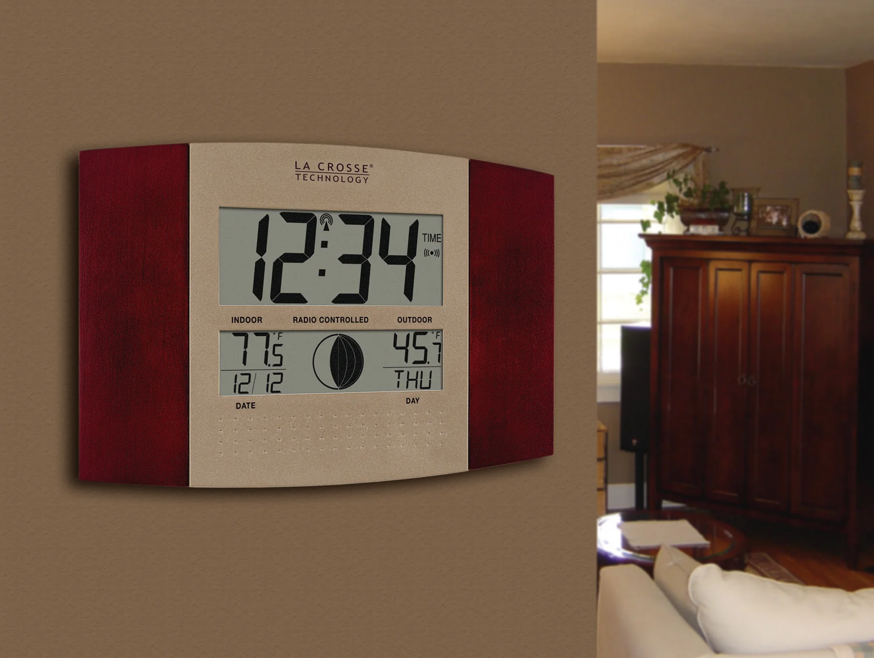Atomic Digital Wall Clock with Moon Phase and Indoor/Outdoor Temperature - Image 3