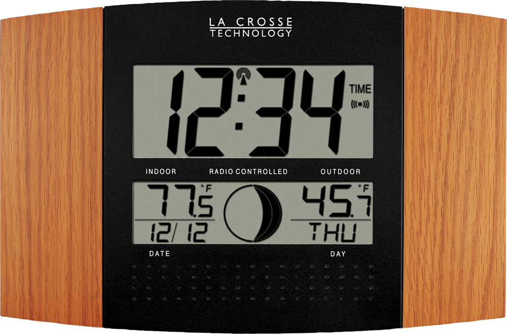 Atomic Digital Wall Clock with Moon Phase and Indoor/Outdoor Temperature