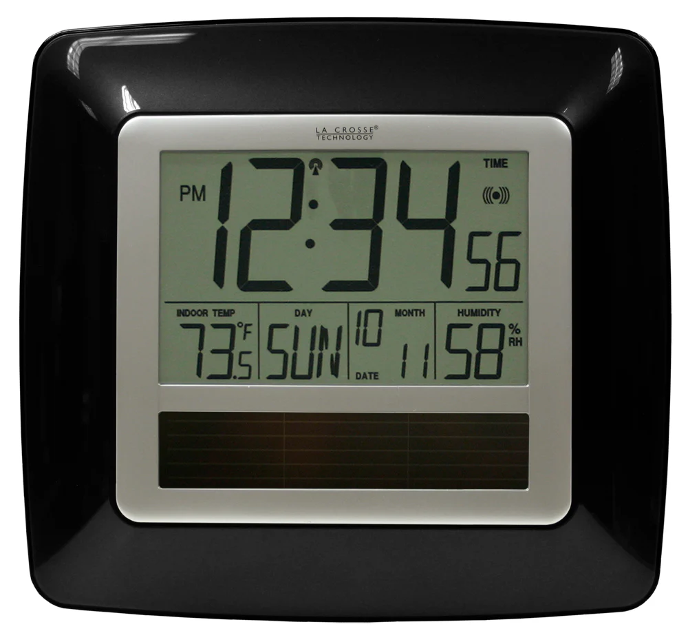 Solar Atomic Digital Wall Clock with Indoor Temp/Humidity